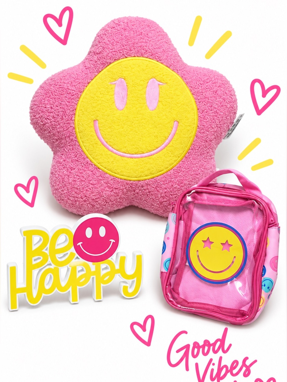 3 Piece Smiley Face Happy Décor Set Flower Pillow Pouch & Be Happy Sign NEW